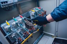 Electricians hands testing switches in electric box. Electrical panel with fuses and contactors. Background and texture