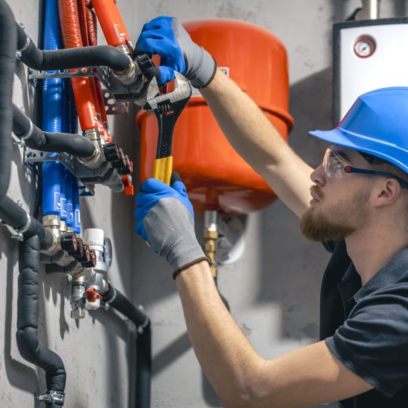 man-installs-heating-system-house-checks-pipes-with-wrench