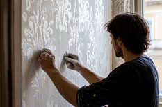 person-applying-wallpaper-accent-wall-bedroom